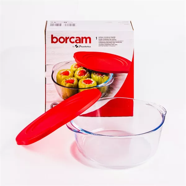 BORCAM kerek hőálló üvegedény fogóval, műanyag tetővel 2.200ml, 251*220*80mm