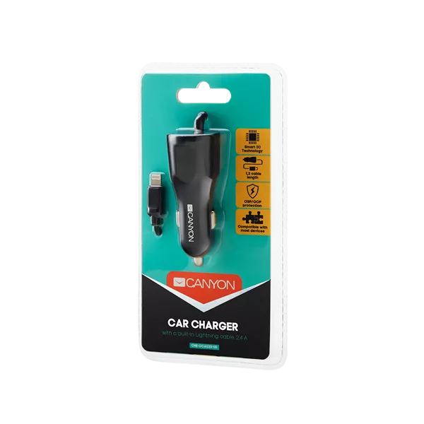 CANYON Autós Töltő, 1 portos, 1xUSB, 5V-2,4A, Beépített Lightning kábellel, fekete - CNE-CCA033B