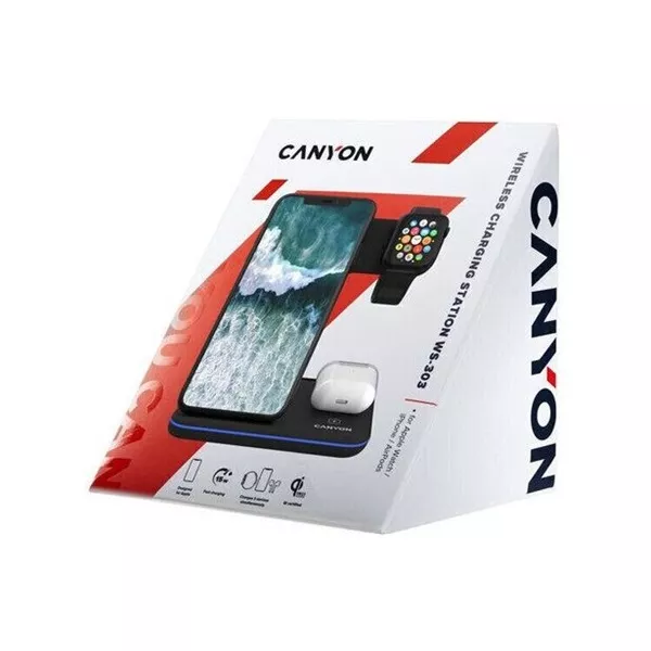 Canyon WS-303 3-in-1 15W univerzális vezeték nélküli töltő adapter fekete (Qi)