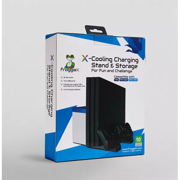 FroggieX FX-P4-C3-B Cooling Charging Stand & Storage PS4 fekete konzol hűtő + töltőállomás + lemez tartó