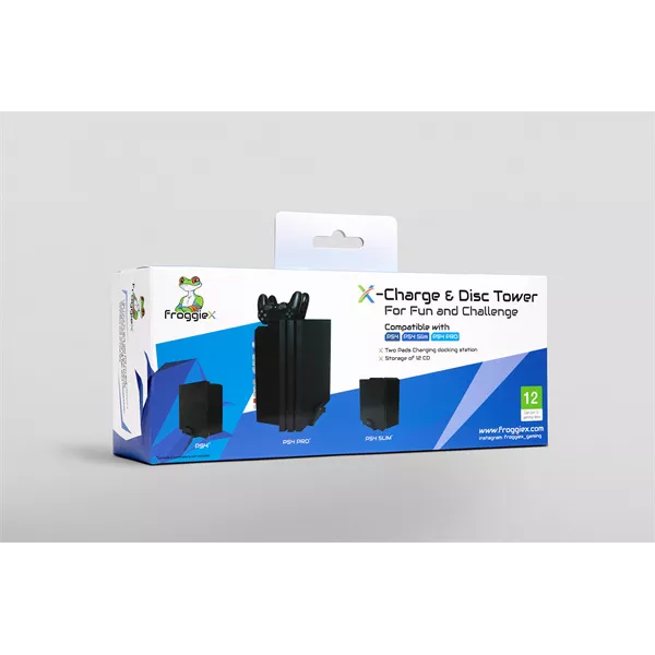 FroggieX FX-P4-C1-B Charge & Disc Tower PS4 dual töltőállomás + lemez tartó állvány