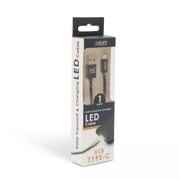 Delight LED fénnyel USB Type-C 1m fekete adatkábel