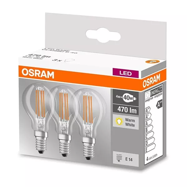 Osram Base átlátszó üveg búra/4W/470lm/2700K/E14 LED kisgömb izzó 3 db