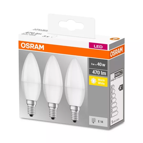 Osram Base matt műanyag búra/5W/470lm/2700K/E14/dobozos LED gyertya izzó 3 db
