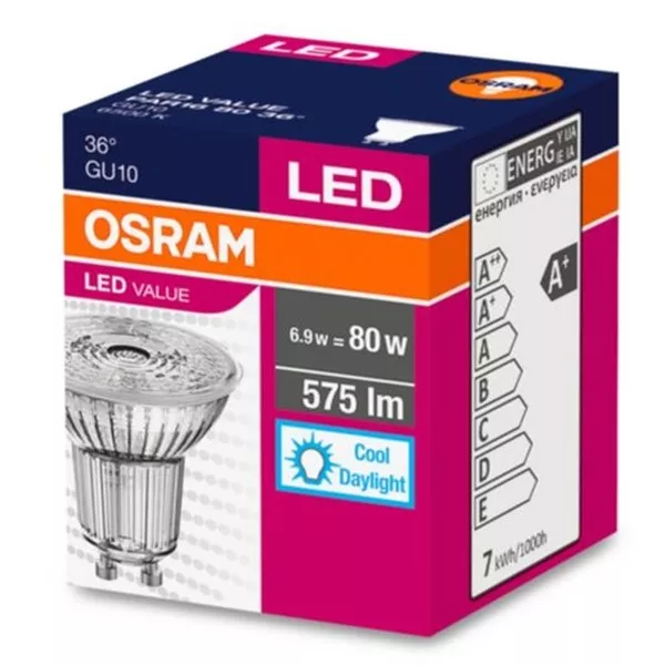 Osram Value PAR16 üveg ház/6,9W/575lm/3000K/GU10/230V/meleg fehér/120fok LED spot izzó