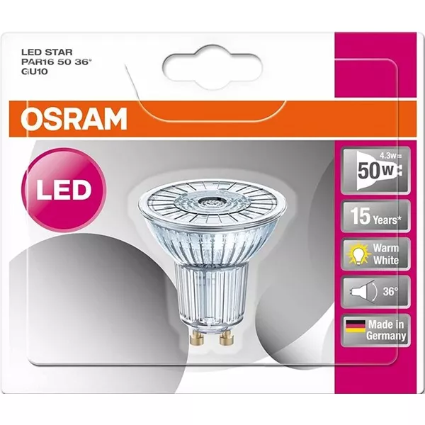 Osram Star PAR16 üveg ház/4,3W/350lm/2700K/GU10/230V/36fok/81lm/W LED spot izzó