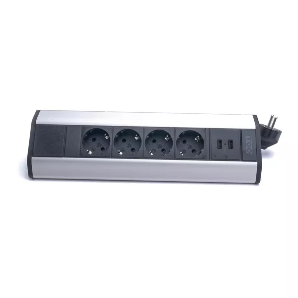 TOO VPS-317-4S IP20, 4x 2P+F, 2x USB-A, ezüst asztalra rögzíthető elosztó