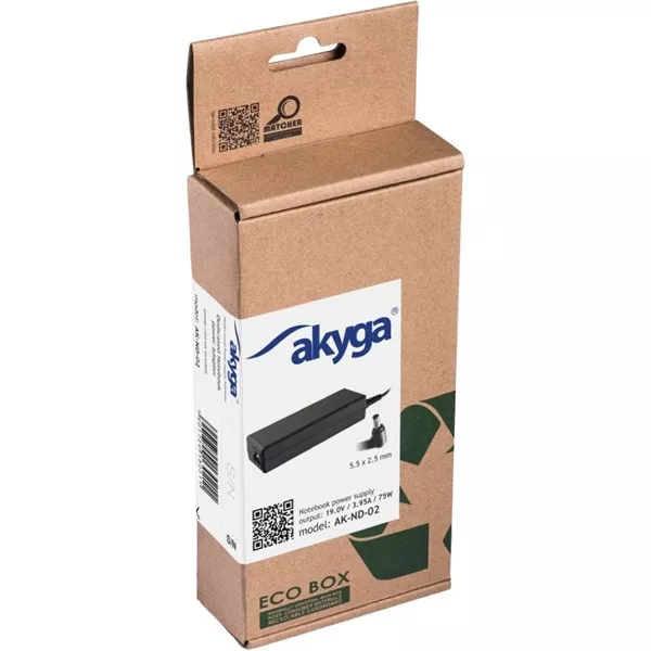 Akyga AK-ND-02 19V/3,95A/75W 5,5x2,5mm Asus / Toshiba / HP / Compaq / Lenovo notebook hálózati töltő