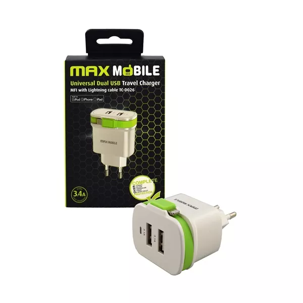 Max Mobile 3,4A univerzális fehér-zöld hálózati töltő + MFI Apple kábel