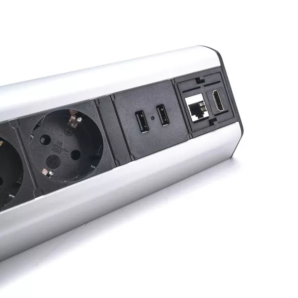 TOO DPS-114-3S IP20,3x 2P+F,2x USB-A,RJ45,HDMI, ezüst, asztalra rögzíthető elosztó