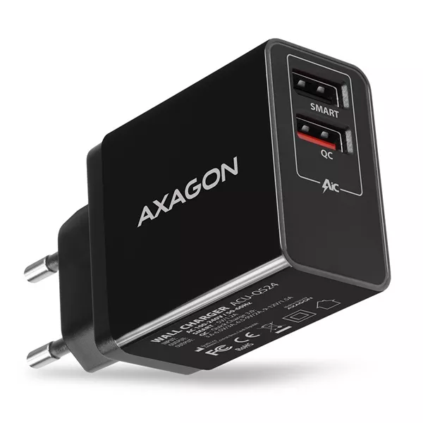 Axagon ACU-QS24 QC3.0 + 5V-1.2A fekete fali töltő